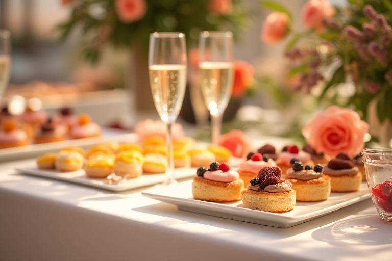 Un buffet de traiteur élégamment dressé avec des mini-pâtisseries raffinées, des coupes de champagne pétillant et des fleurs délicates, parfait pour une réception.