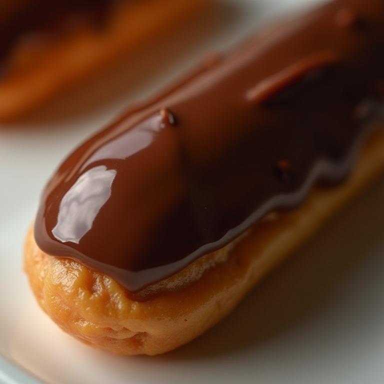 Gros plan sur un éclair au chocolat brillant et décadent, sa glaçage miroir reflétant la lumière, une véritable œuvre d'art sucrée.