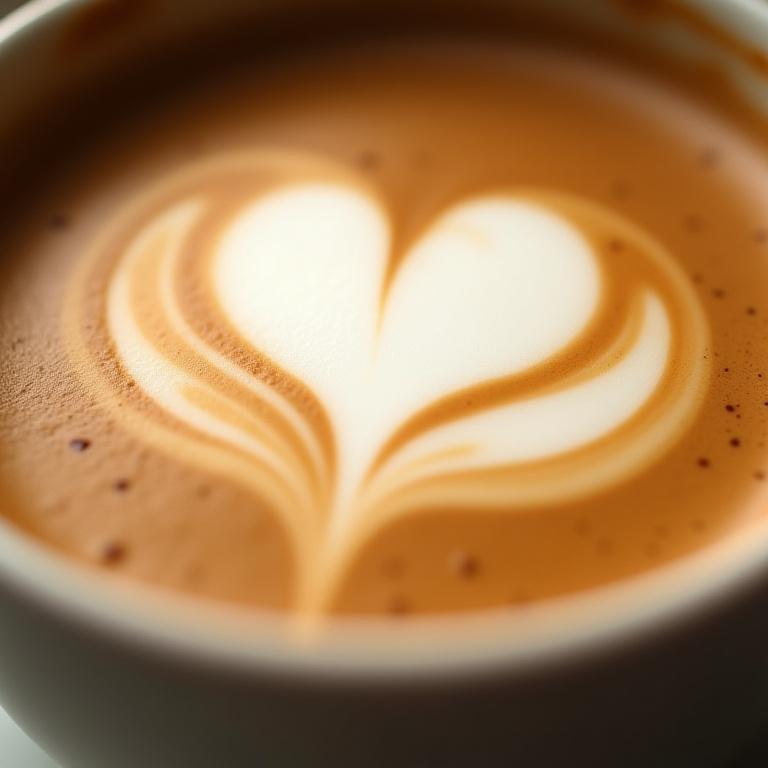 Gros plan artistique sur une tasse de café, révélant un magnifique cœur en latte art, avec des volutes de crème parfaites.