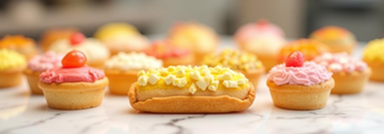 Assortiment gourmand de pâtisseries fraîches et colorées disposées élégamment sur un comptoir en marbre, prêtes à être dégustées.
